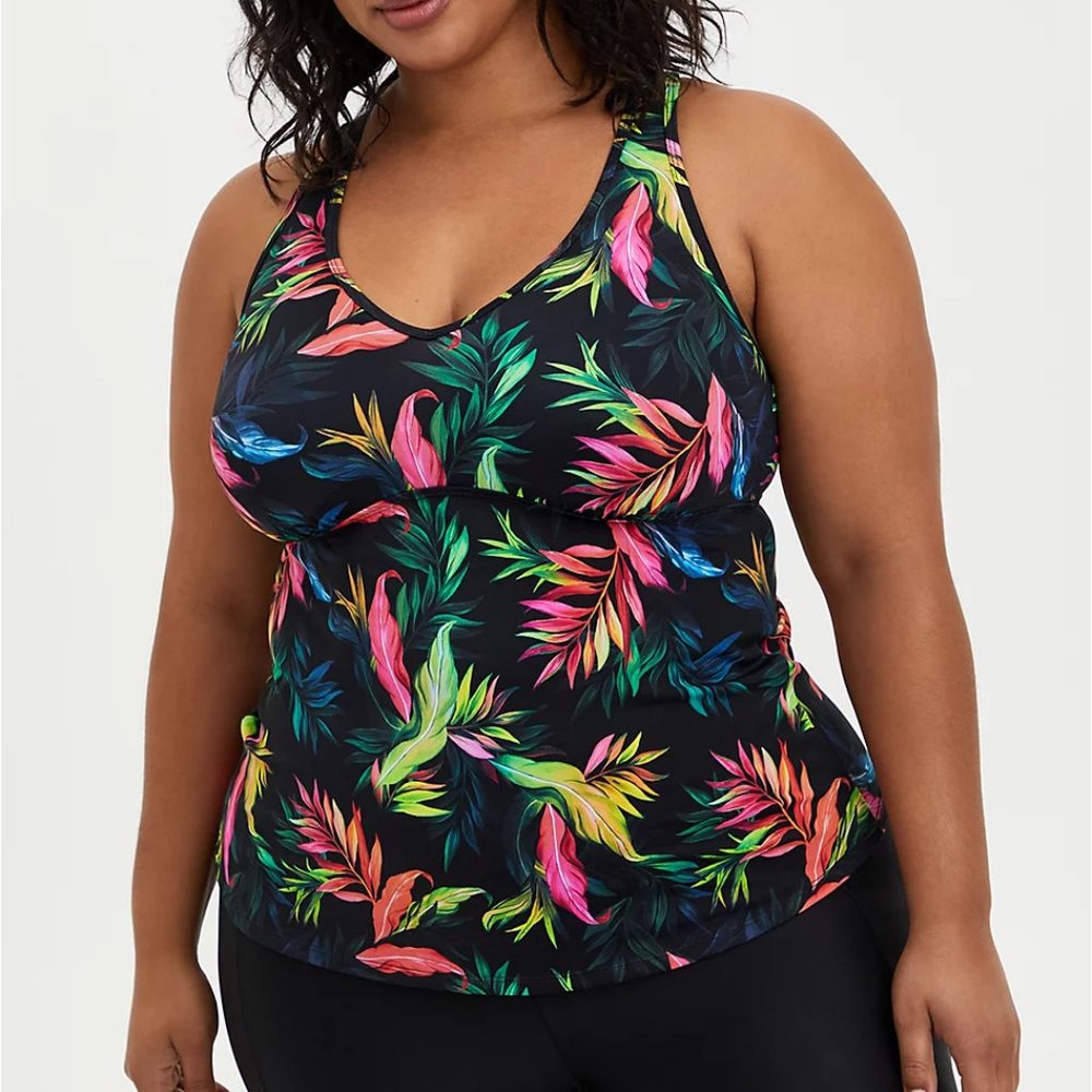 NWT Torrid Active Wireless Racerback Black Tropical Tankini SZ 2